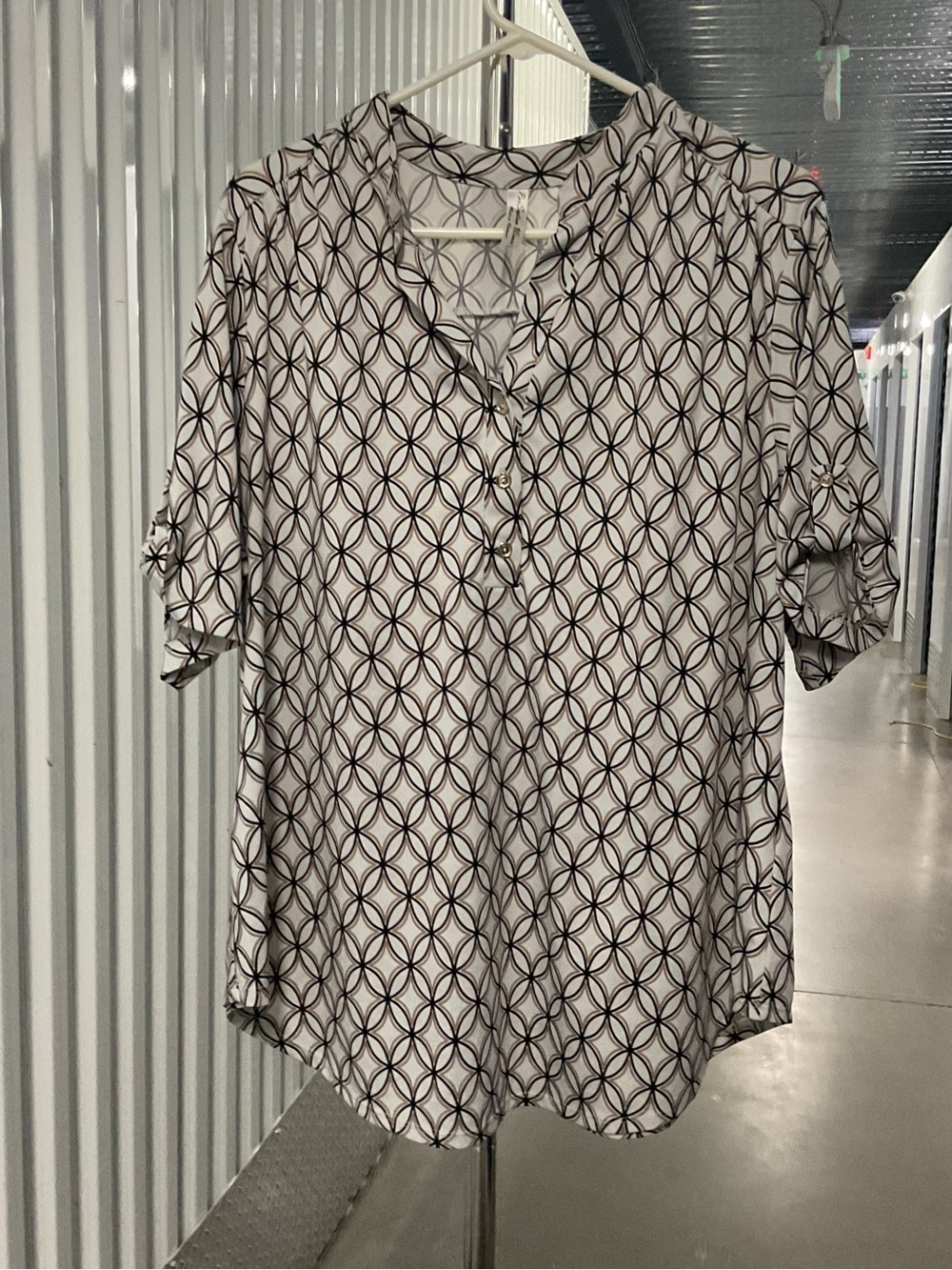 Perseption White Blouse with Black & Brown Geometric Pattern